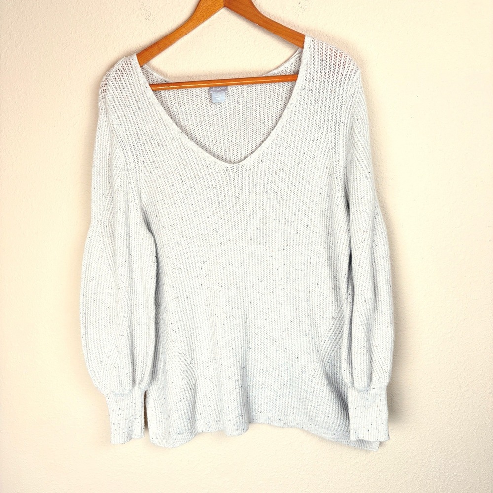 Chicos Womens XL Beige Marled‎ Ribbed V-Neck Balloon Sleeve Sweater